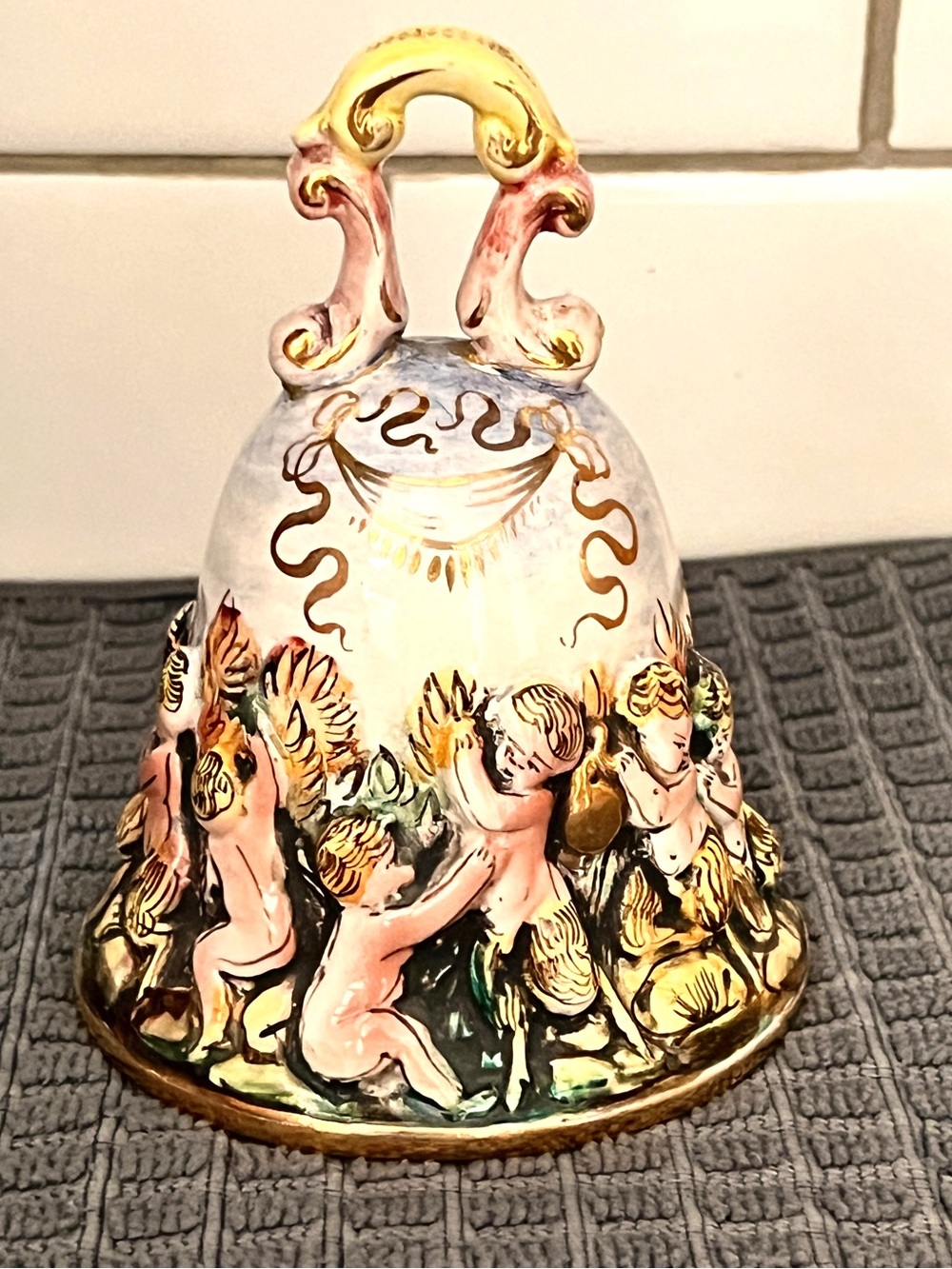 Vintage Capodimonte Italy Cherub Porcelain Bell 646 Gold Trim 5"